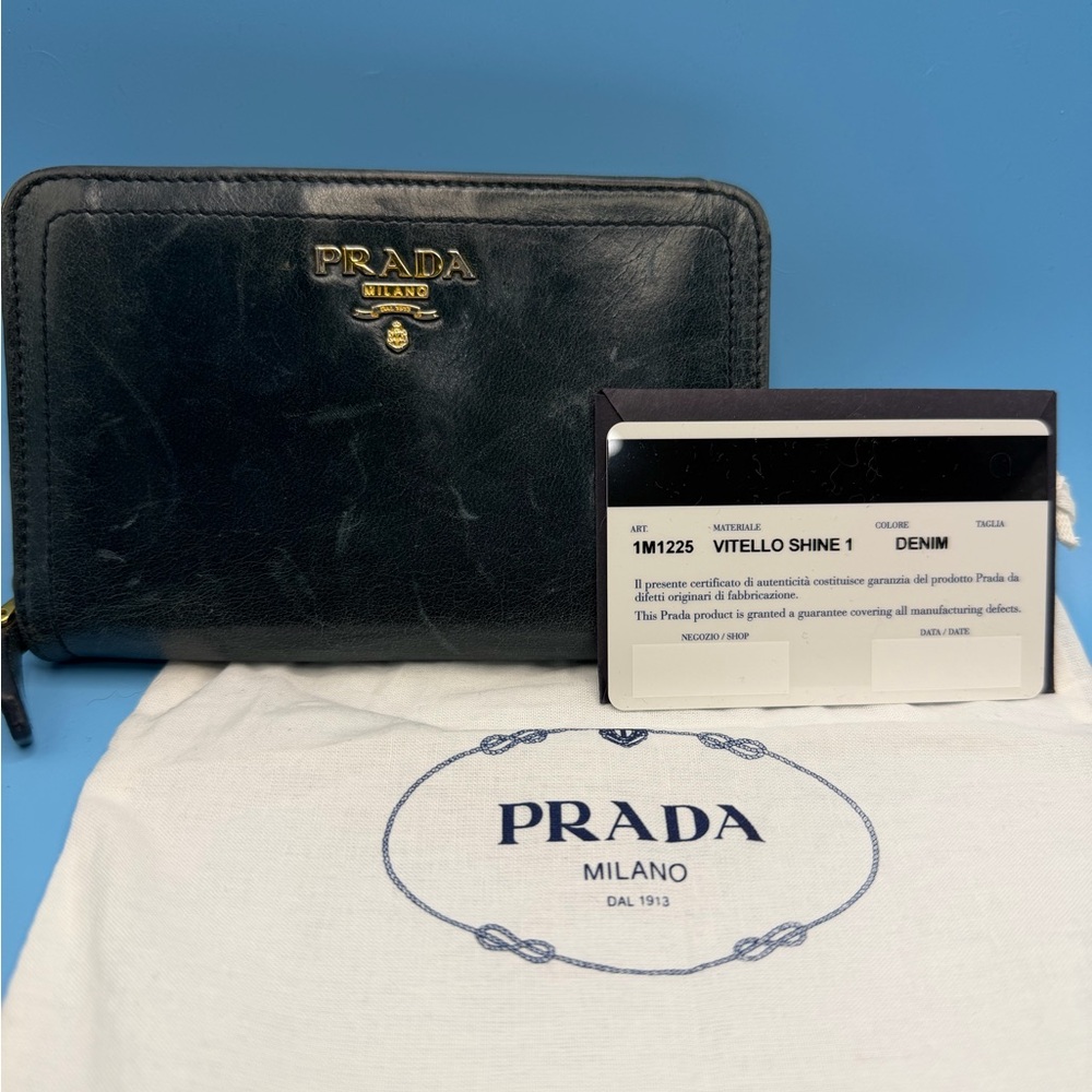 *Prada Milano Small Marbled Blue Leather classic fold over card holder wallet